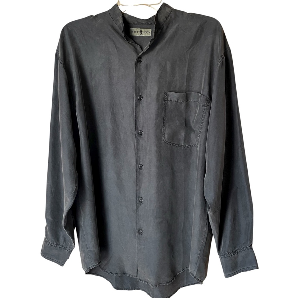 Robert Stock Vintage 100% Silk Charcoal Gray Button-Up Shirt, M